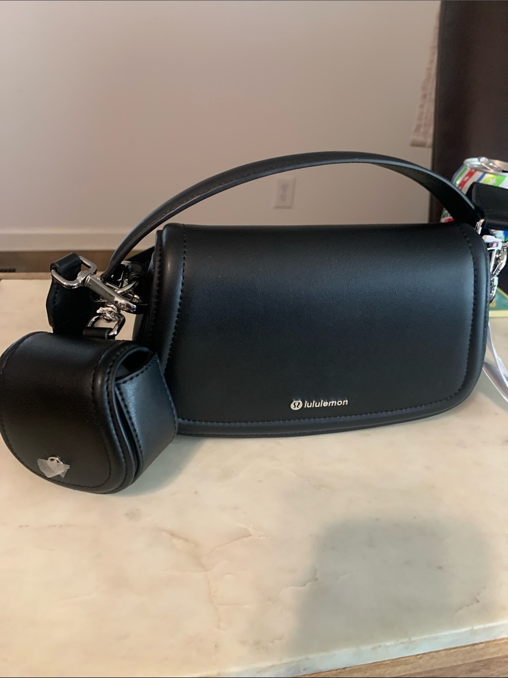 lululemon athletica Black Leather Crossbody Bag with Detachable Mini Pouch